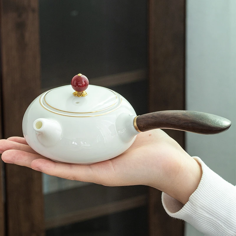 白瓷侧把壶木柄德化羊脂玉陶瓷茶壶过滤功夫泡壶家用大容量