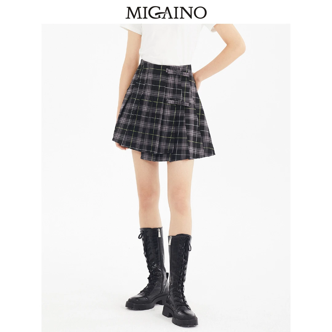 曼娅奴【格子百褶裙】女春款复古小众设计感高腰半身裙短裙