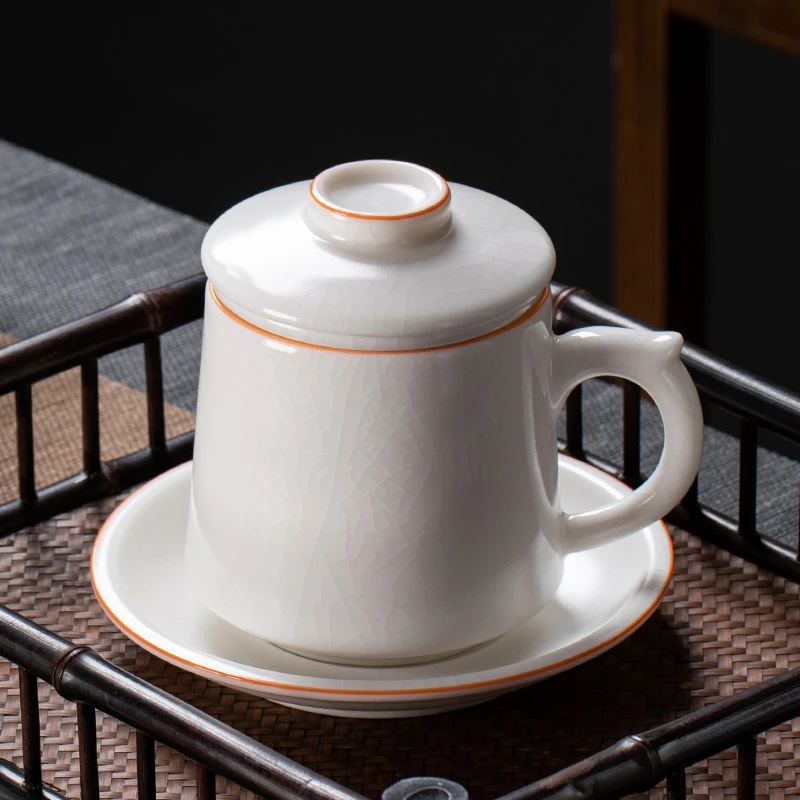 汝窑办公杯泡茶杯茶水分离杯带盖过滤象牙白汝瓷可养开片会议杯