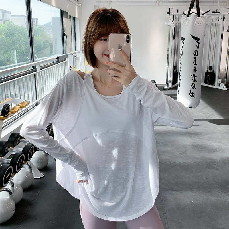 大码健身服女微胖速干运动罩衫秋冬宽松长袖瑜伽服上衣显瘦薄款B2