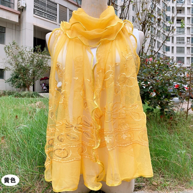 韩版百搭长款纯色刺绣花丝巾女中老年人妈妈款围巾蕾丝花边纱巾女