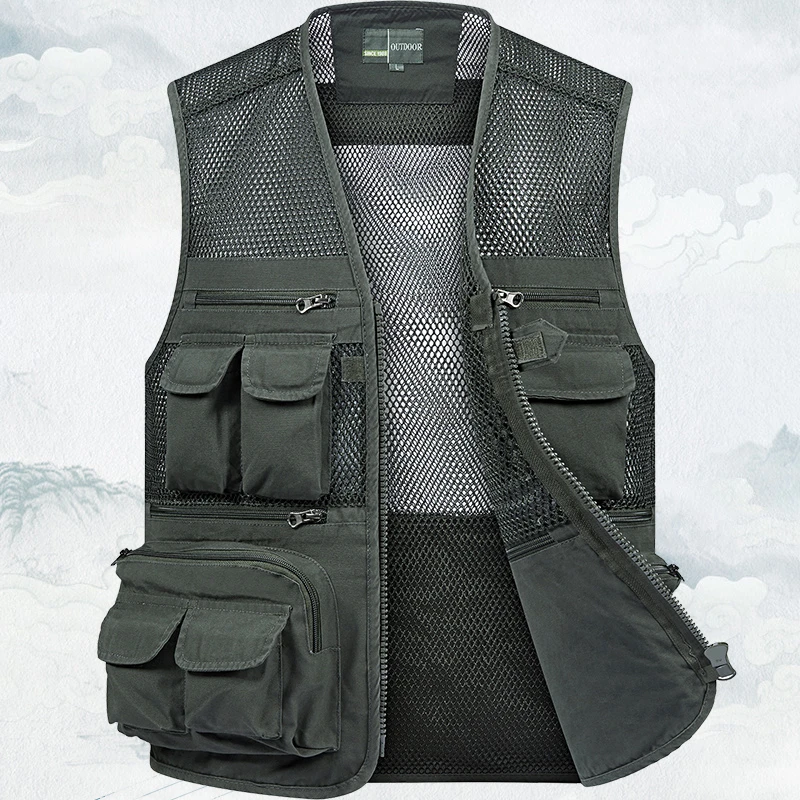 爸爸夏季薄款透气马甲纯棉帆布坎肩多口袋中老年男士马甲钓鱼背心