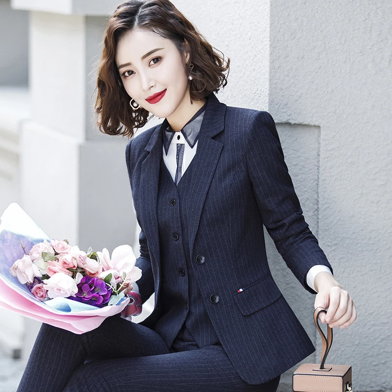 条纹西装套装女新款时尚西服商务正装OL工作服职业装面试职场工装