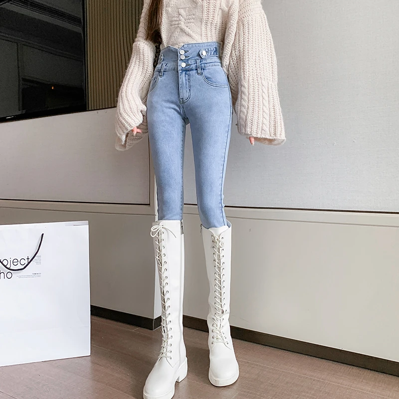 浅蓝色高腰牛仔裤女显瘦2024年春秋季新款弹力小脚裤子