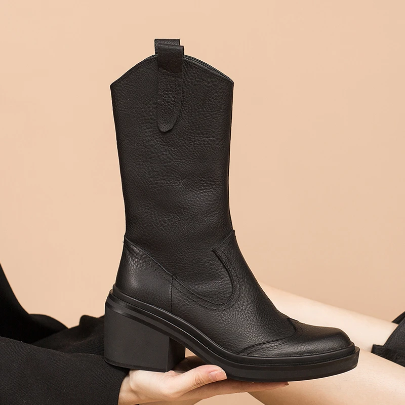 玛菲玛图51146-3头层颈纹牛皮中筒靴女英伦复古骑士靴粗跟高跟靴