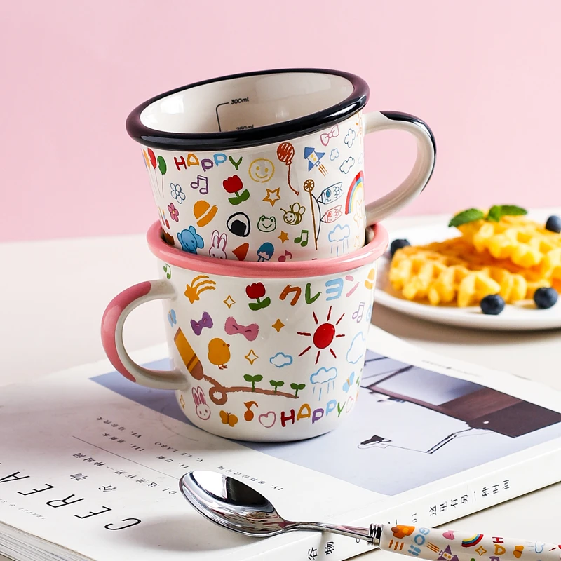 川岛屋马克杯儿童水杯家用杯子女带刻度情侣杯陶瓷早餐咖啡杯