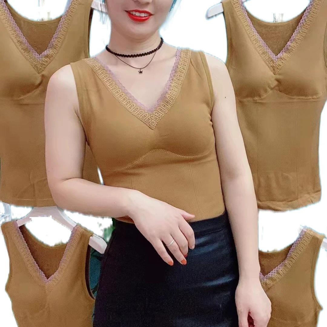 061保暖吊带背心无缝毛圈蕾丝修身型V领内搭女秋冬无钢圈排扣美背