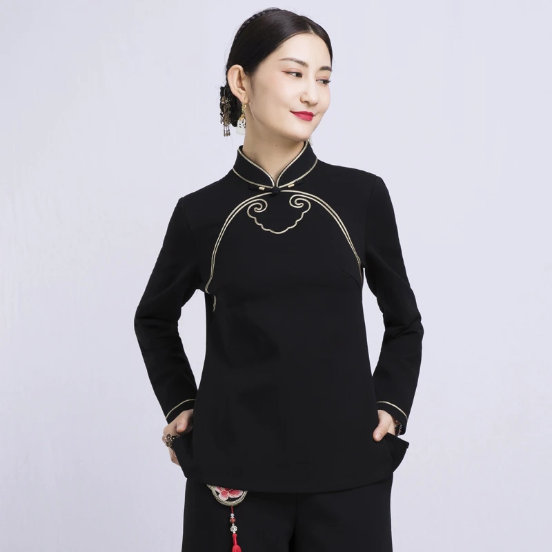 长袖上衣女新款早秋中年修身打底旗袍领中国风秋衣