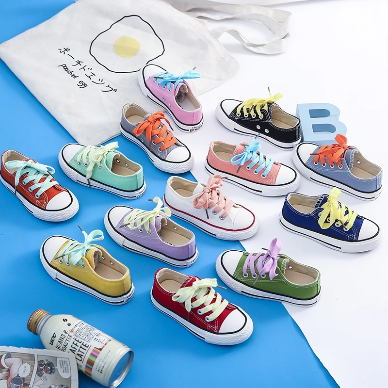 儿童帆布鞋春秋款经典低帮韩版彩色休闲男童女童鞋升级版三幅鞋带