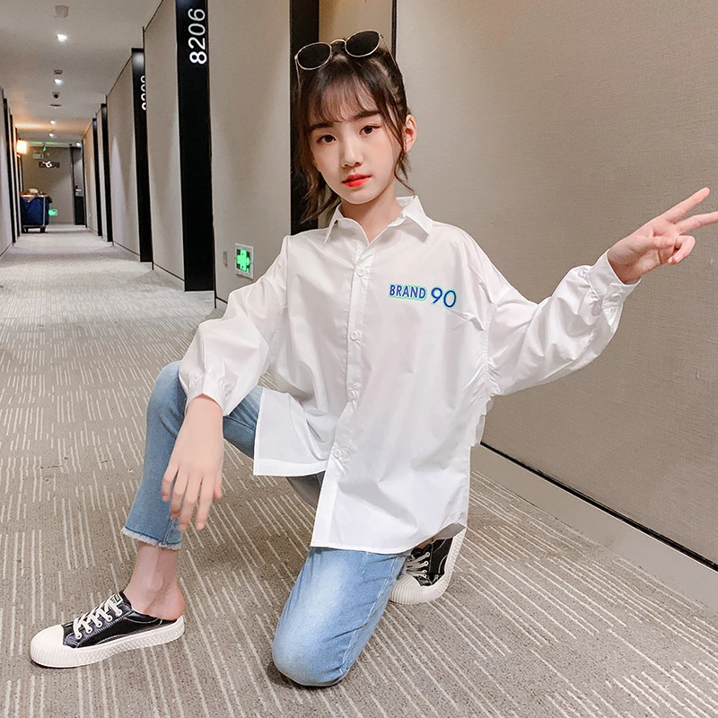 女童秋装长袖t恤衬衫洋气女孩中大童儿童春秋款白色上衣DX03486