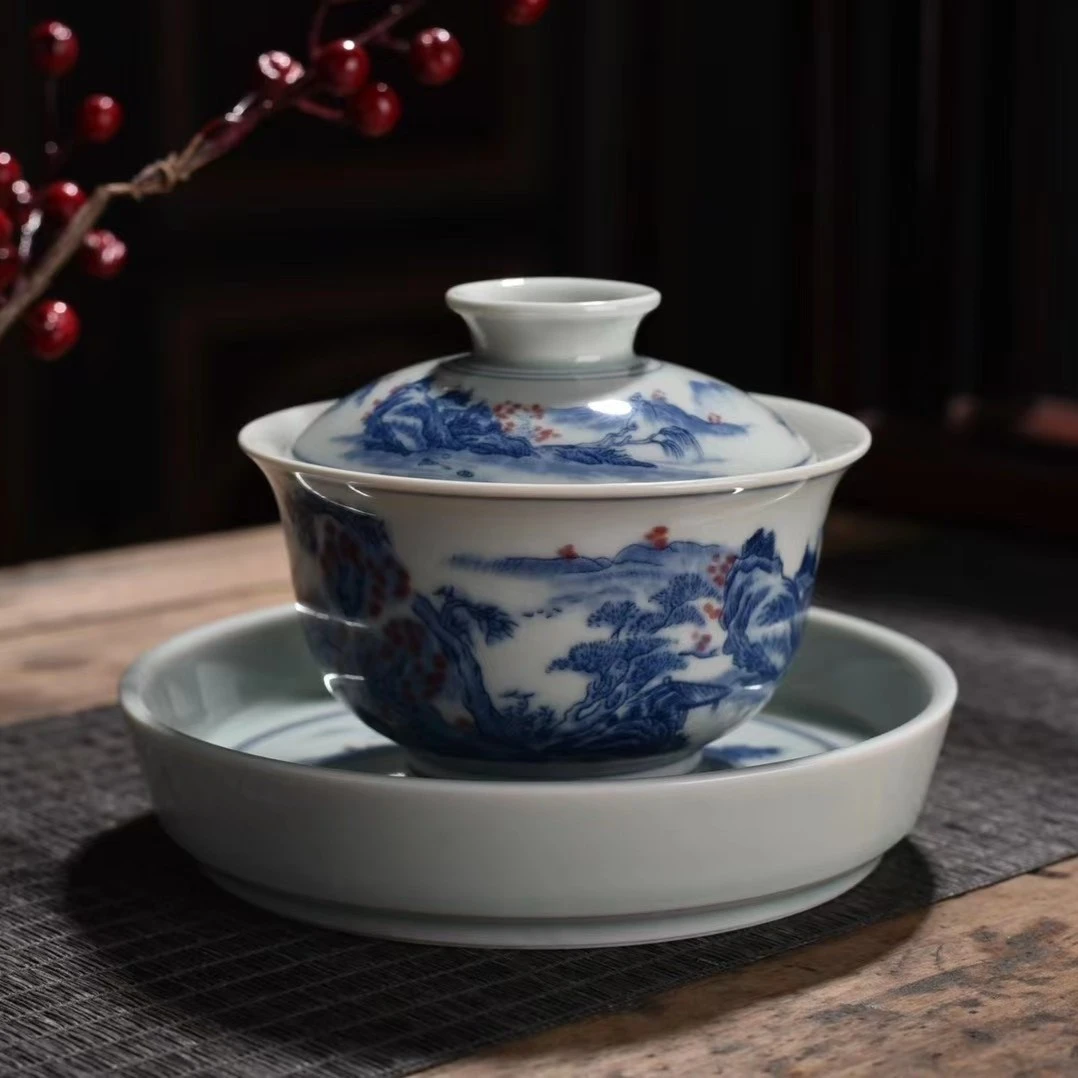 联谊青花瓷盖碗泡茶碗大盖碗釉里红仿古陶瓷高档大号复古防烫茶具