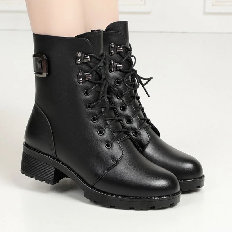 华运花啡语2022真皮羊毛马丁靴加绒保暖 皮毛一体短靴冬季棉靴