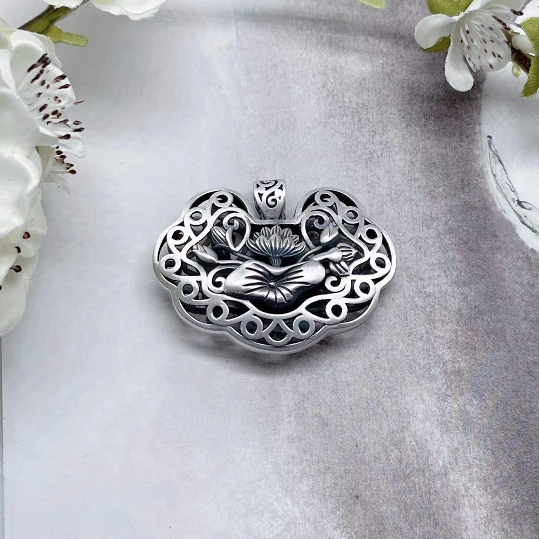 吊坠足银 【菩银坊】复古工艺莲花如意锁吊坠 长命锁手工平安锁