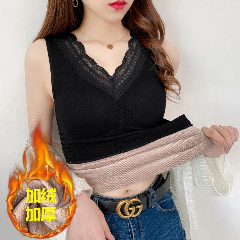 保暖加绒加厚背心女V领冬季蕾丝拼接带胸垫内衣无袖打底外穿上衣