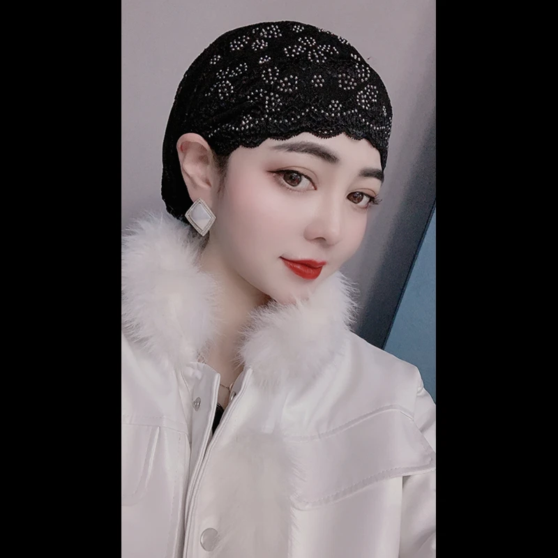 2021新款弹力松紧烫钻包头帽时尚妈妈帽网红爆款花边套头遮发帽女