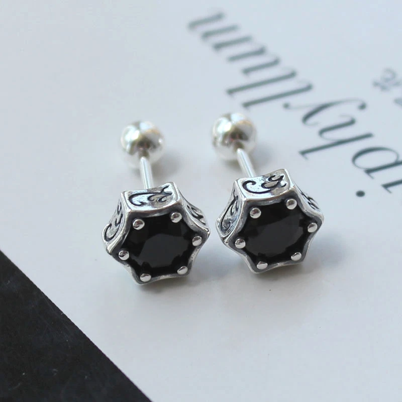彩云泰 925银耳饰 纯银前后两戴耳钉黑色潮款耳骨钉个性百搭