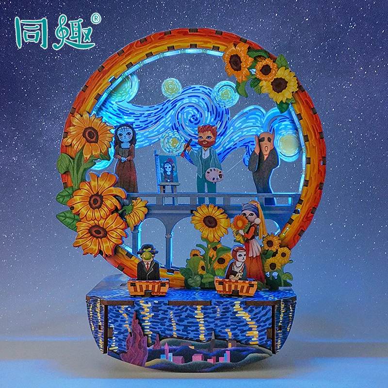 同趣喵星名画幻彩梵高莫奈拼装桌面摆件床头灯饰手工diy礼品玩具