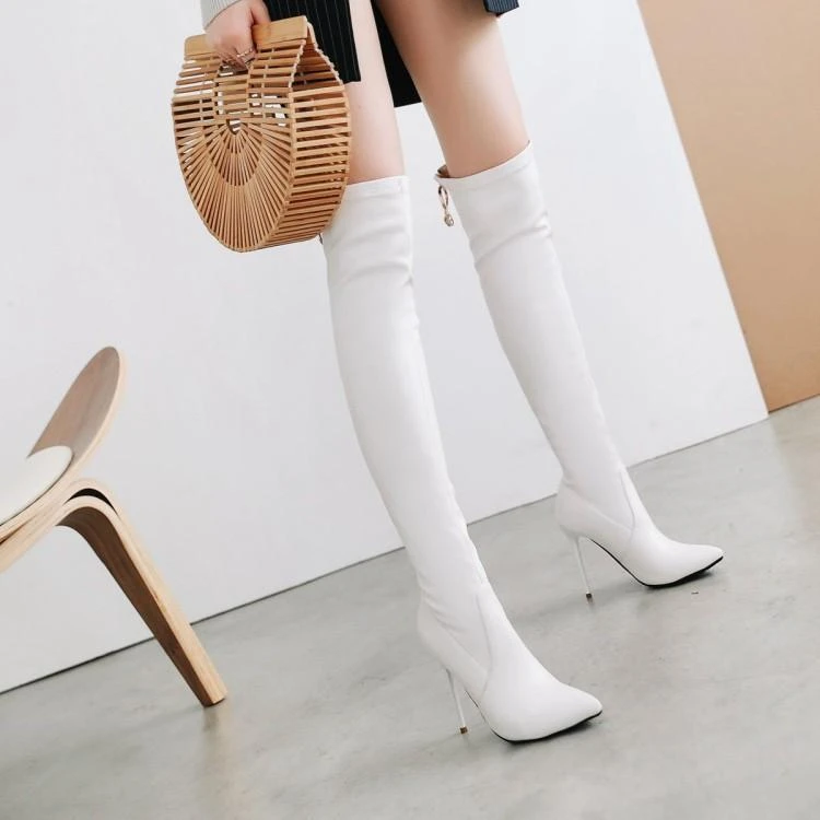 瘦瘦靴尖头女鞋白色靴子弹力靴子女细跟高跟过膝长靴大码女靴 WQL