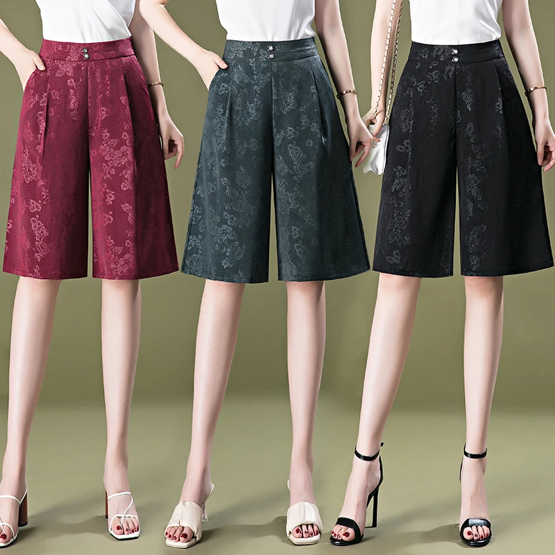 女士短裙裤休闲高腰冰丝阔腿裤中年妈妈老年人显瘦衣服裤子中裤