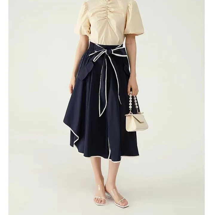 RNLYEE女装束带撞色松紧腰带裙子时尚拼接收腰女半身裙