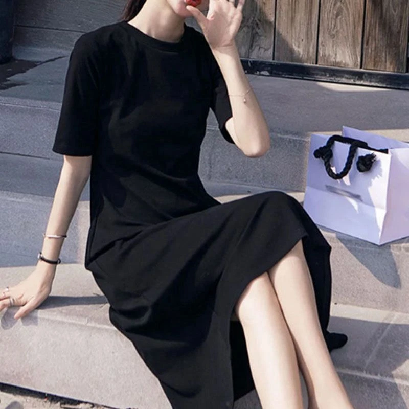 2025新款女装春夏装短袖打底纯色连衣裙长裙女百搭慵懒风a字裙子
