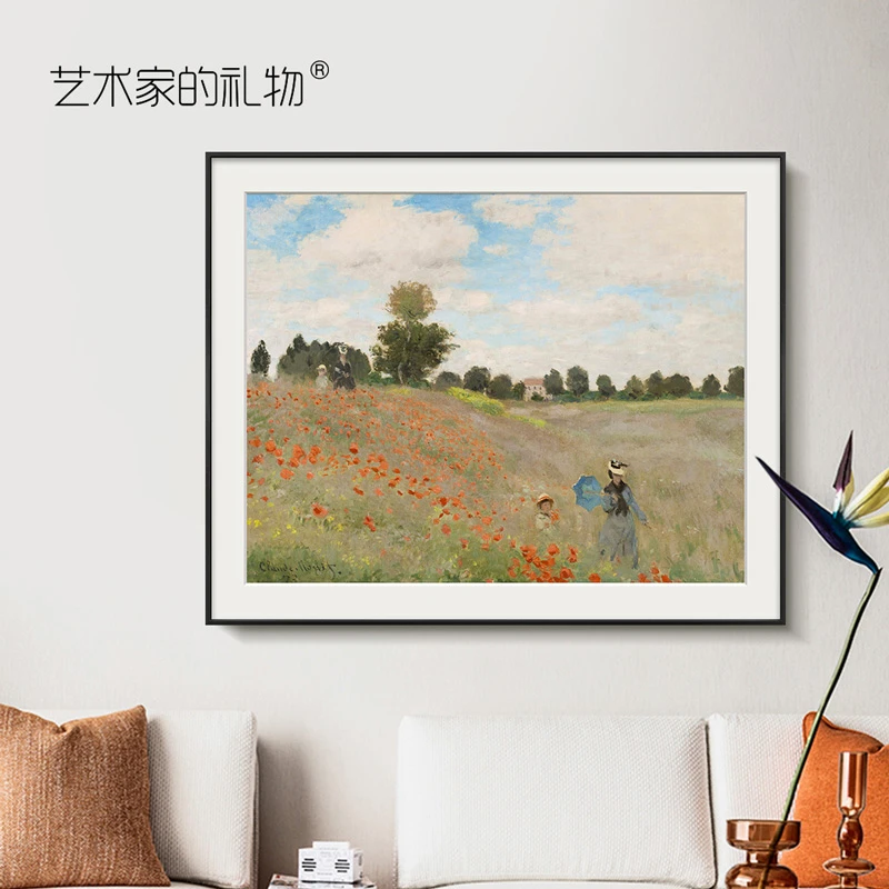 莫奈油画花田印象派 博物馆级复刻版画 现代简约客厅沙发背景挂画