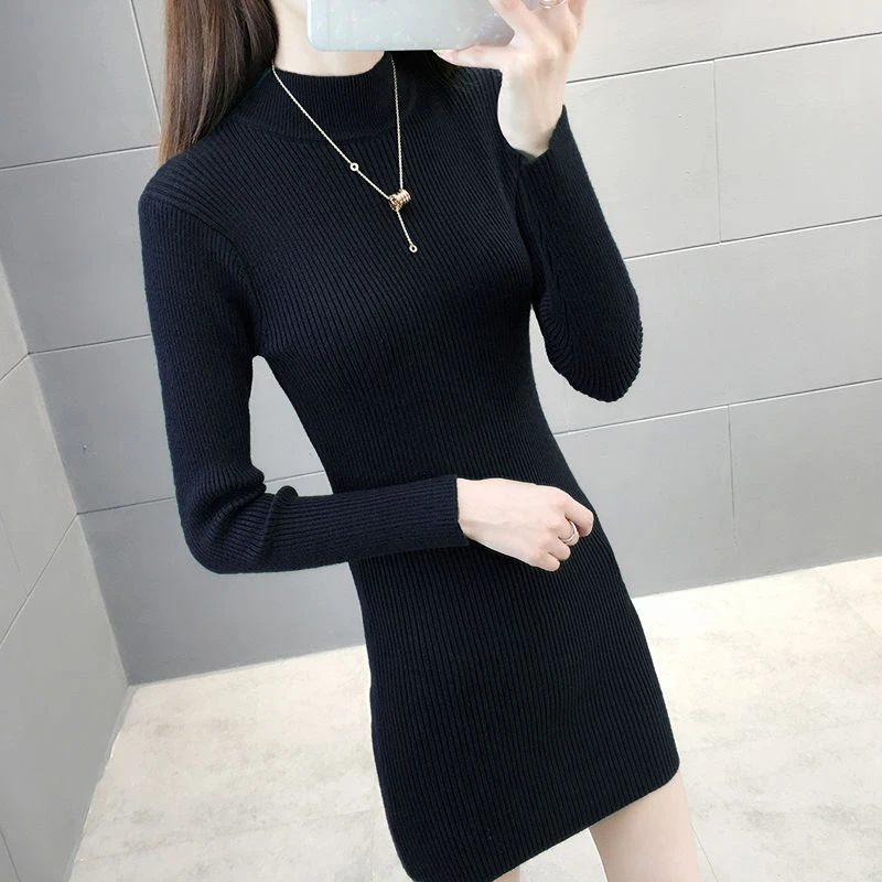 半高领毛衣女新款中长款黑色打底衫女秋冬季加厚洋气修身针织衫