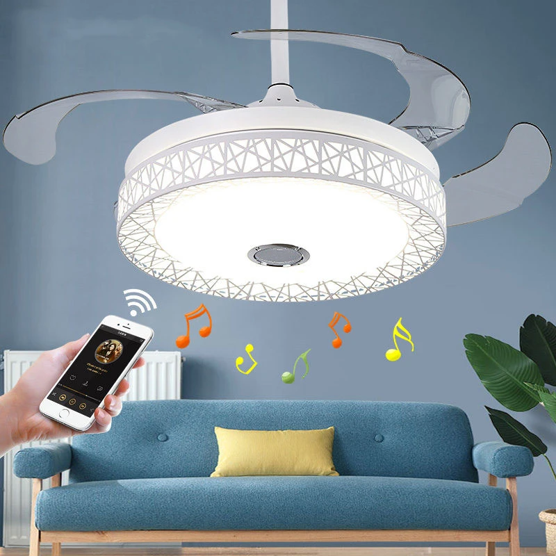 LED隐形风扇灯客厅餐厅灯全铜变频电机蓝牙音乐铁艺吊灯吊扇灯