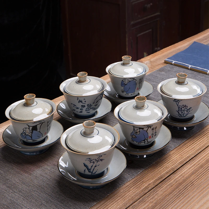 复古陶瓷盖碗手绘三才功夫盖碗中式茶碗单茶碗防烫泡茶器茶杯茶具