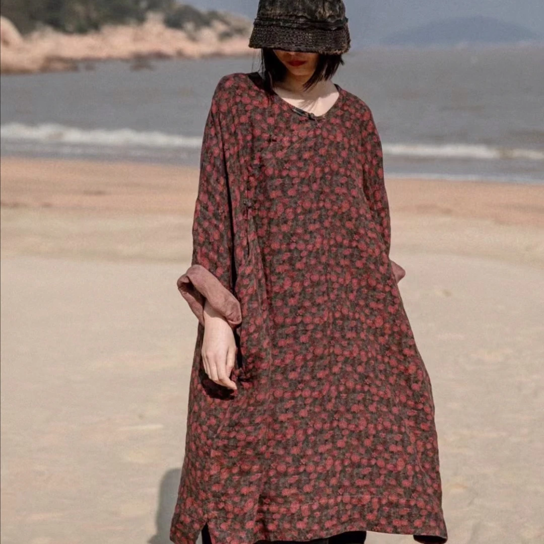 麻衣者原创设计袍子女装729长款休闲宽松红色秋冬棉麻时尚复古