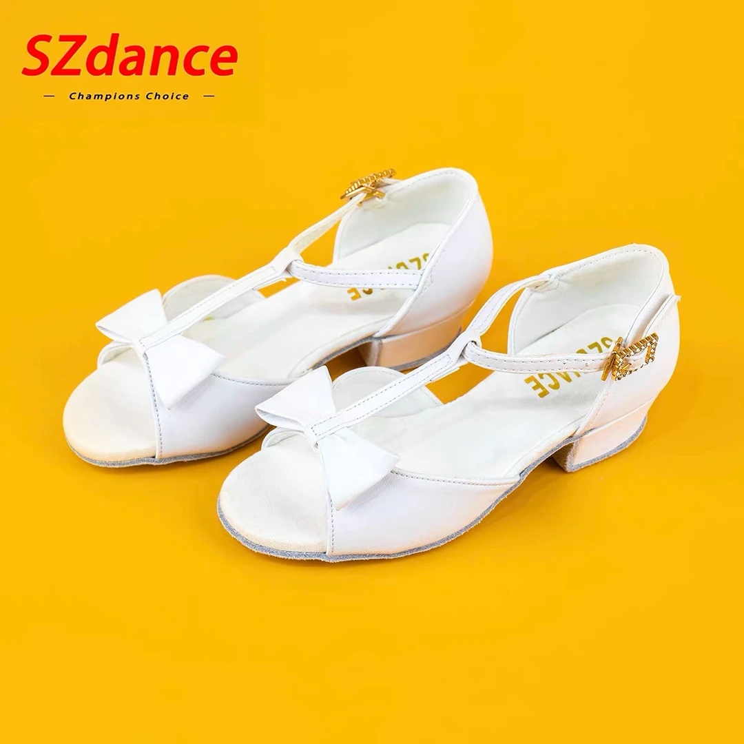 SZDANCE少儿蝴蝶结皮质小白鞋拉丁舞拉丁鞋白色SC02P1