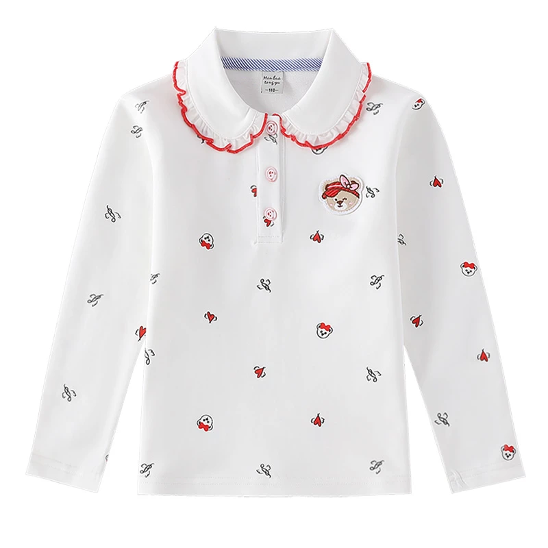女童春秋洋气上衣新款印花童装女宝宝长袖打底衫加绒儿童翻领衬衫
