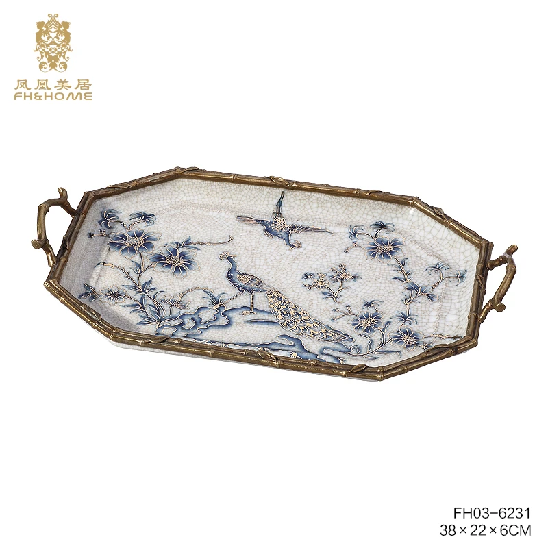 FH&HOME/凤凰美居欧式奢华青花玄关复古客厅古典孔雀描金托盘摆件