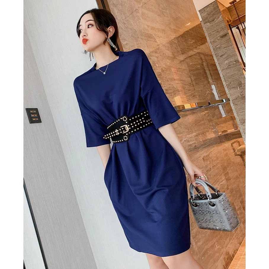 显瘦连衣裙显瘦气质带腰带连衣裙蓝色时尚名媛轻奢