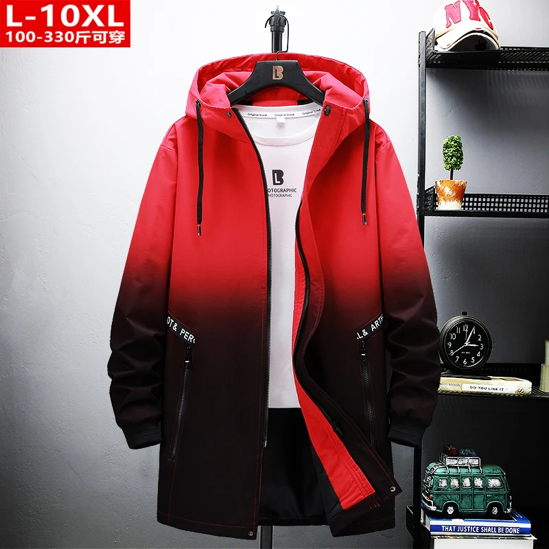 春秋装潮流男士百搭渐变色连帽风衣胖青年加肥大码宽松中长款外套