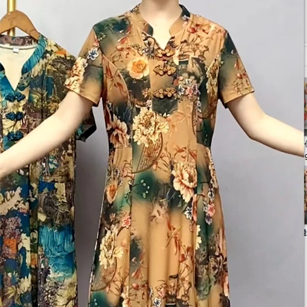 精品女装V领时尚气质连衣裙2021年夏季中老年洋气百搭中长款裙子