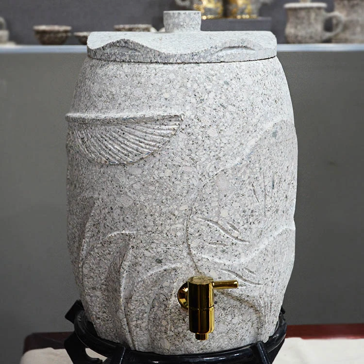 天然麦饭石水桶雕刻荷花水缸 精致浮雕