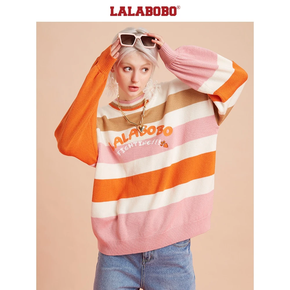 LALABOBO 秋冬宽松显瘦条纹字母刺绣套头毛衣女|L20D-WSTM12