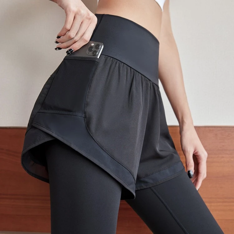 大码健身裤女高腰提臀弹力速干跑步假两件运动裤专业瑜伽裤跑步裤