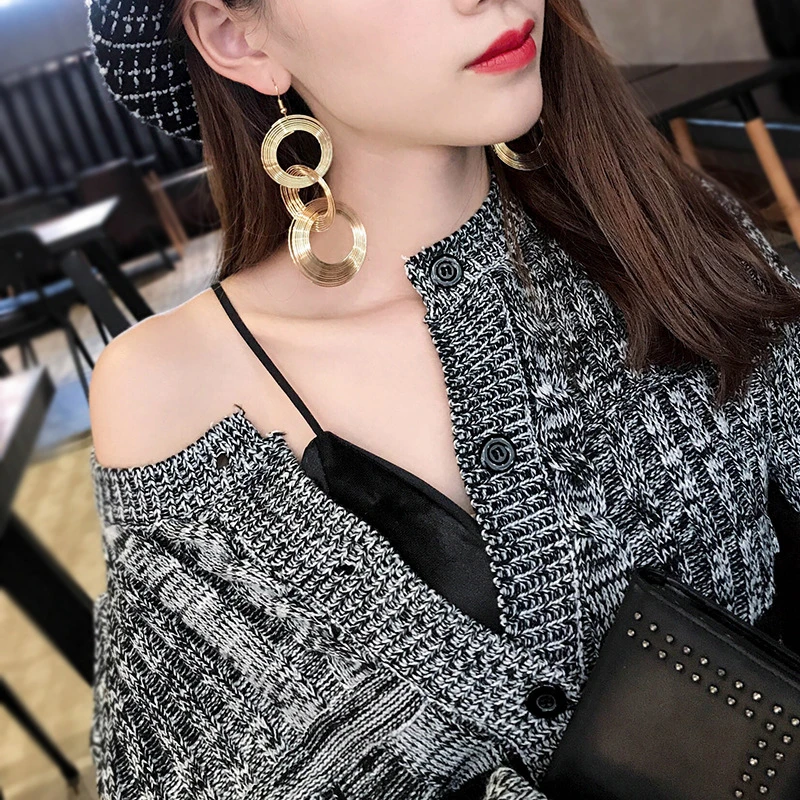 合金合成锆石耳饰 时尚大气大圈圈耳环长款夸张个性耳坠气质百搭