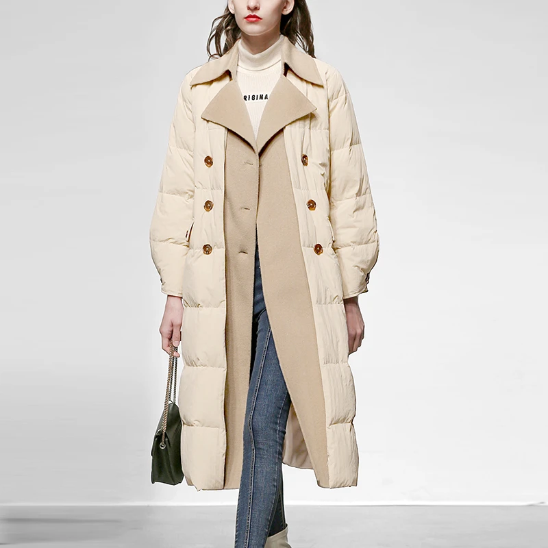 冬季新款女装米杏色西装式中长款加厚羽绒服过膝外套DC20410H