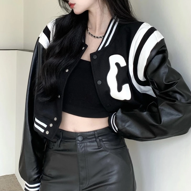 Malou 拽酷辣妹炸街短款皮衣秋冬百搭显瘦黑色PU皮上衣M21C07867