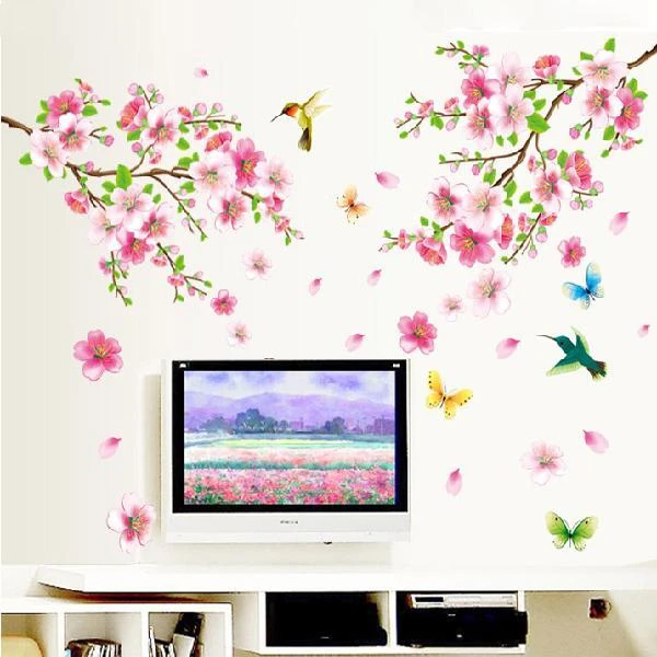 浪漫桃花客厅电视背景墙贴纸卧室温馨床头贴画可移除环保贴花pvc