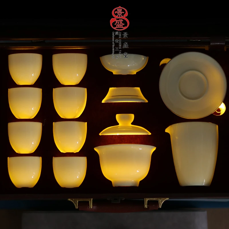 景盛堂羊脂玉釉盖碗茶具套装茶杯陶瓷泡茶功夫茶具定制LOGO礼品