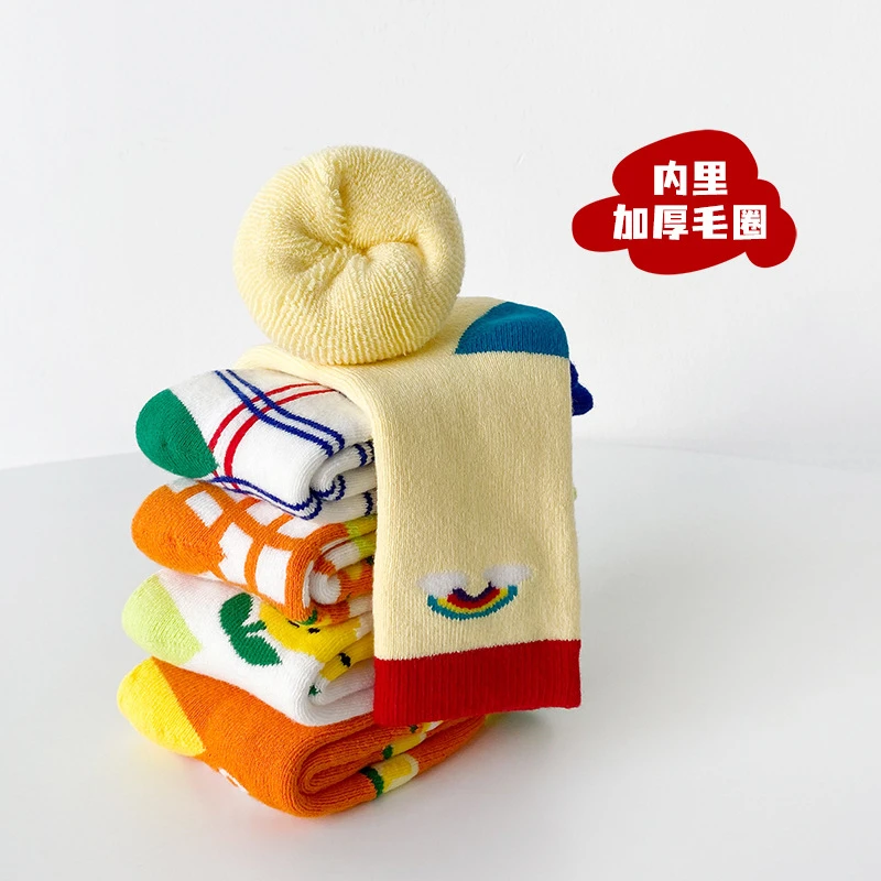 毛圈加厚儿童袜子秋冬新款卡通男女童保暖中筒袜韩版彩虹儿童潮袜