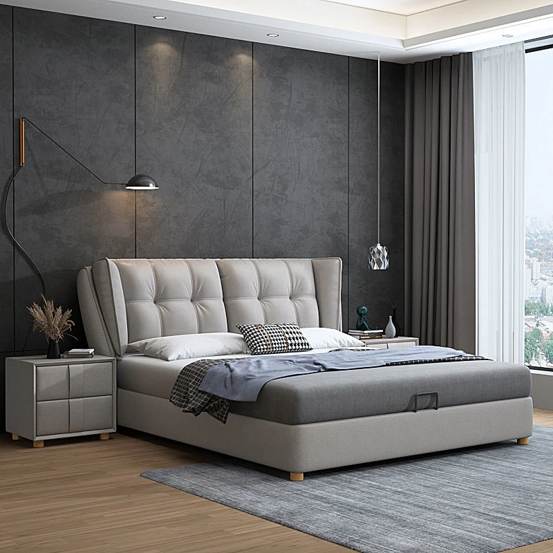 现代简约轻奢免洗科技布皮床软包床主卧室框架气压床架1.8米x2米