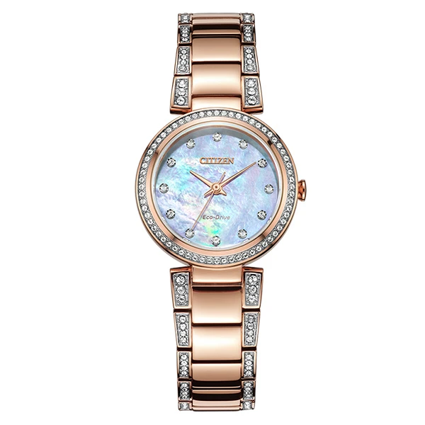 CITIZEN西铁城光动能手表天然贝母表盘镶嵌水晶腕表EM0843-51D