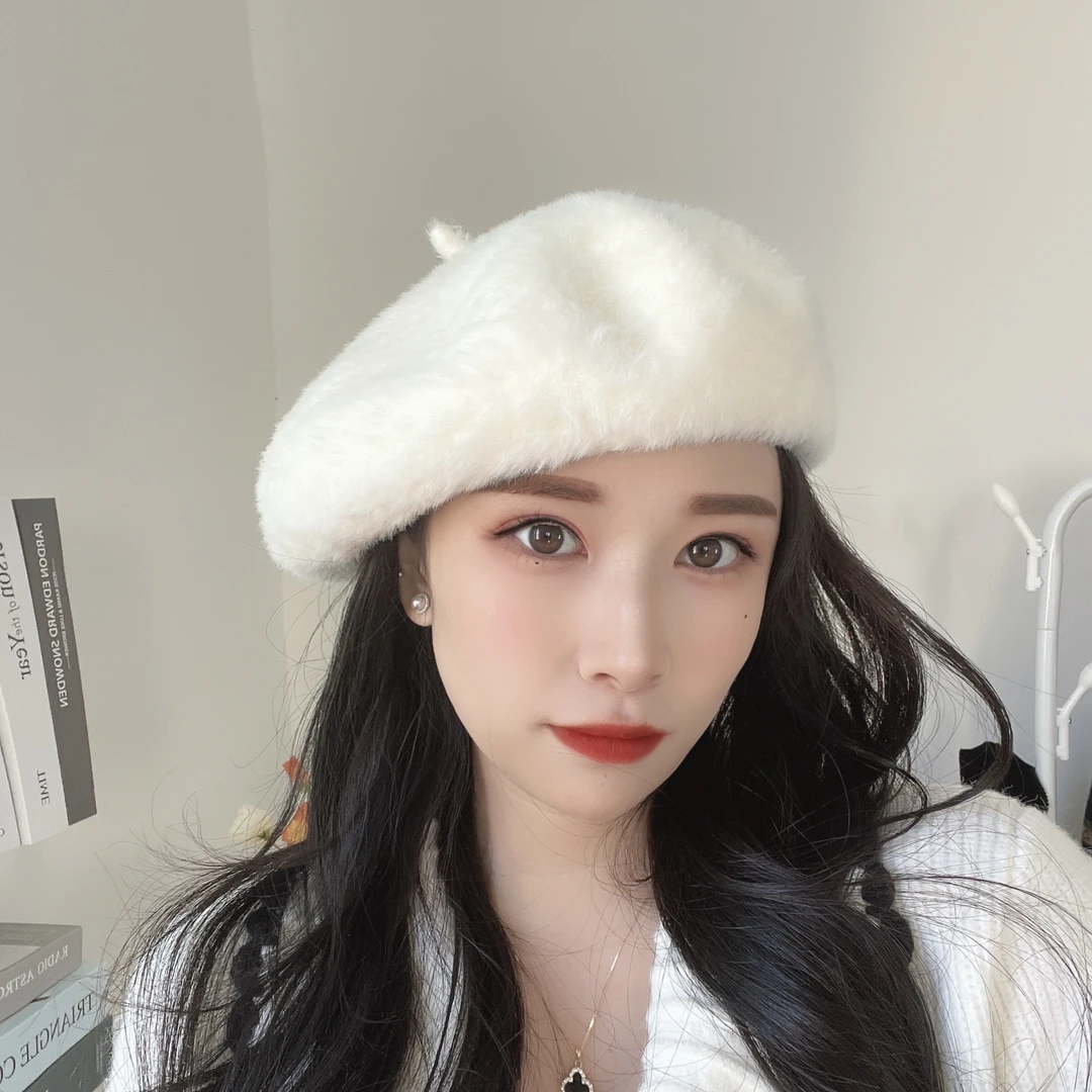 汇汇家 软糯糯白色贝雷帽女冬毛绒帽子显脸小冬季百搭韩系网红in