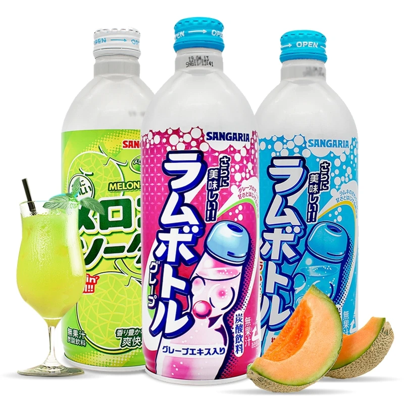 3瓶日本三佳丽SANGRIA波子汽水三佳利葡萄密瓜原味碳酸饮料500ml