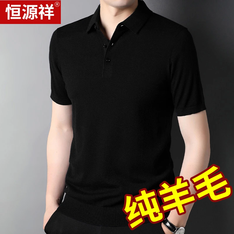 恒源祥春秋100纯羊毛衫短袖t恤男翻领薄款针织男装打底衫半袖毛衣